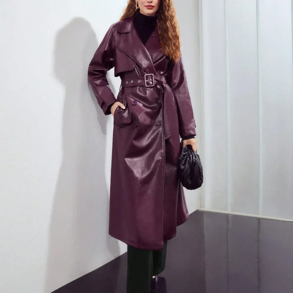 PURPLE PREPPY WOMENS PU LEATHER BELTED TRENCH COATS - Picture 5 of 5